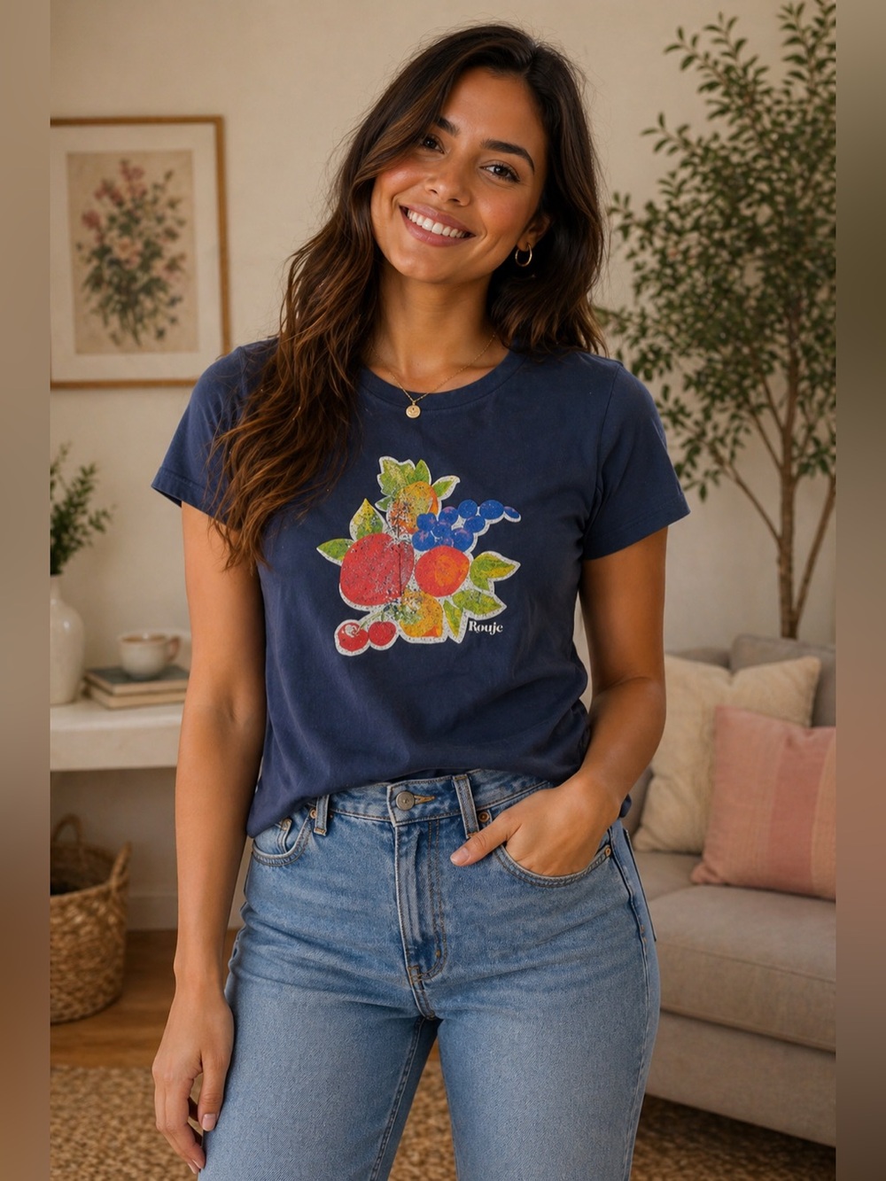 Rouje Paris Tee Women's Size 36 Navy Cotton Distress Multicolor Fruit Graphic